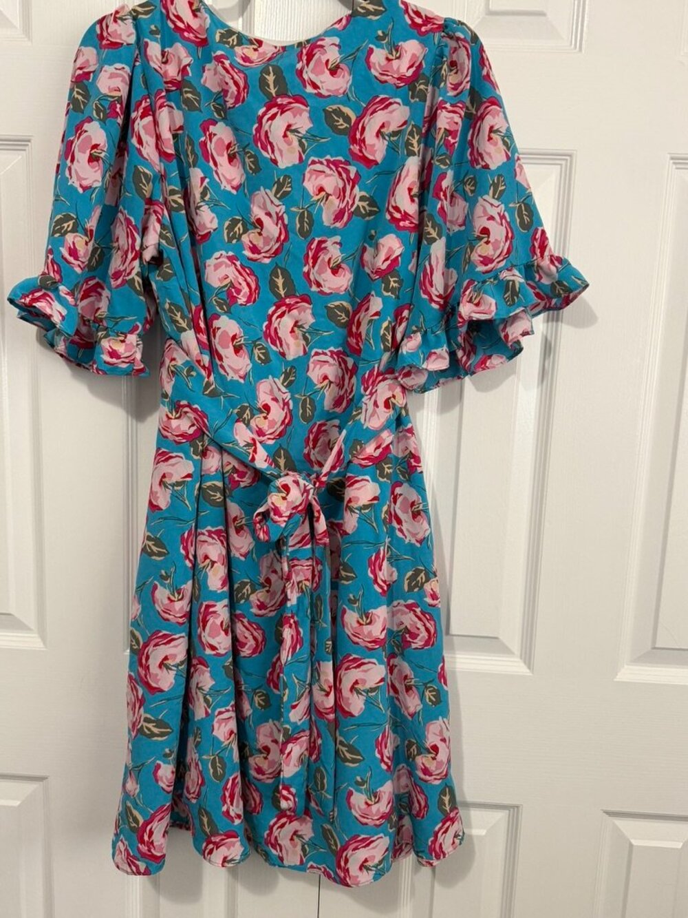 Betsey Johnson Size 12 V-Neck Bell Sleeve Floral Short Dress Island Blue - Picture 5 of 8